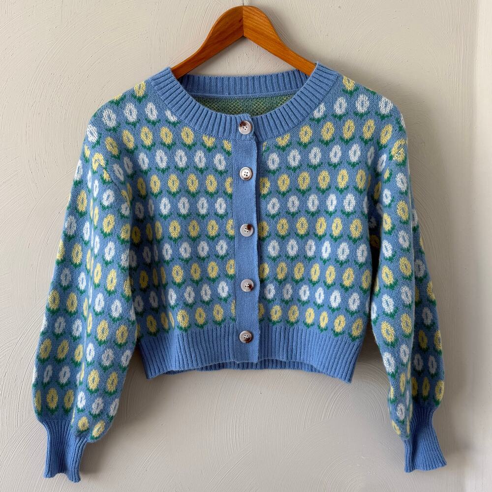 Blue Floral Cropped Cardigan Soft Knit Button Front , XS